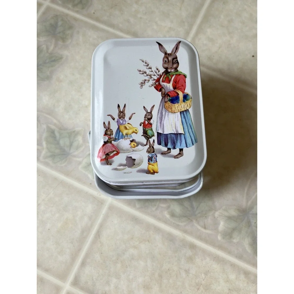 Metal Easter Gift Box‎ Bunny Rabbit Handled Basket VTG Eastertide Trinket Tin